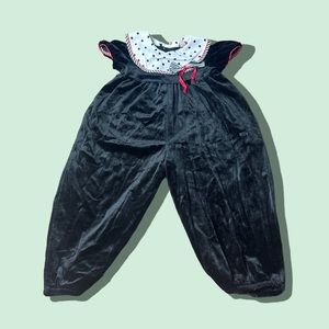 Vintage Toddler Girl ROAnna Black Velvet Polka Dot Stripe Collar One Piece Sz 3T